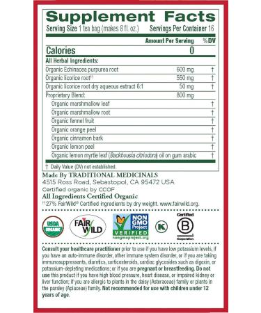 Traditional Medicinals Organic Throat Coat Lemon Echinacea Seasonal Tea 16 Tea Bags (Pack of 1) Coat 16 Count (Pack of 1) - Buy Online on GoSupps.com
