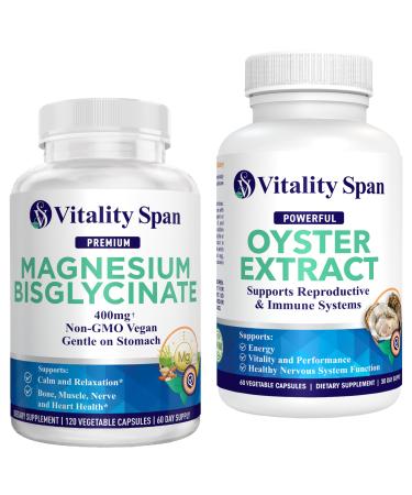 Magnesium Glycinate 400mg (Albion Chelated) + Oyster Extract 1000mg Bundle Calm & Relaxation Support + Zinc Mineral Support 120 Veg Capsules + 60 Veg Capsules, Made in USA