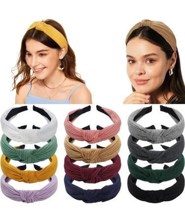 12 Pcs Knotted Headbands for Women Stripe Wide Turban Headband Fashion Cross Knot Headbands Hair Hoops Hair Accessories for Women and Girls