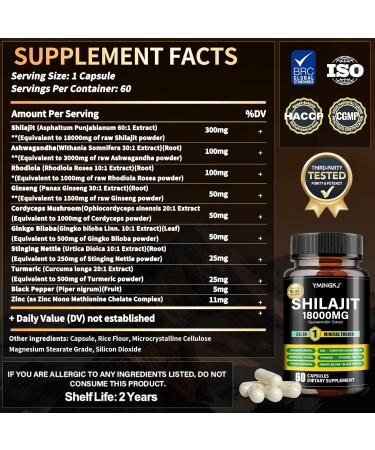 Shilajit Capsules 18000mg (60 Capsules) 10 in 1 - Shilajit Extract with Ashwagandha Rhodiola Rosea Panax Ginseng Cordyceps Turmeric Ginkgo Fulvic Acid Trace Minerals Supplement Gluten Free 60 Count (Pack of 1) - Buy Online on GoSupps.com