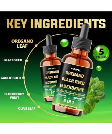 MILIVOL 5in1 Oregano Oil Liquid Drops with Black Seed, Elderberry, Garlic, Olive Leaf - Wellness Support Supplement - 2 Fl Oz - Buy Online on GoSupps.com