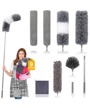 DEEHYO Microfiber Duster, 9PCS Extendable Feather Duster (Stainless Steel) 30 to 100 Inches, Reusable Bendable Dusters, Washable Dusters for Cleaning Ceiling Fan, High Ceiling, Blinds, Furniture, Cars