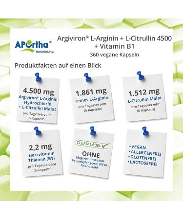 Buy Aportha Argiviron L-Arginine + L-Citrulline 4500mg - 360 Vegan Capsules | High-Dose Heart Vitamins B1 | Allergen-Free Supplement - Buy Online on GoSupps.com