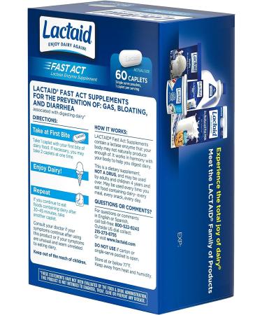 Lactaid Fast Act Lactose Intolerance Relief Caplets - 60 Pack - Prevent Gas, Bloating & Diarrhea - Lactase Enzyme Supplement for Travel - On-The-Go Relief - Buy Online on GoSupps.com