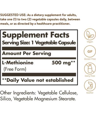 Solgar L-Methionine 500mg Capsules - Antioxidant Booster for Fat Metabolism - Vegan, Gluten-Free, Dairy-Free, Kosher - 90 Servings - Buy Online on GoSupps.com