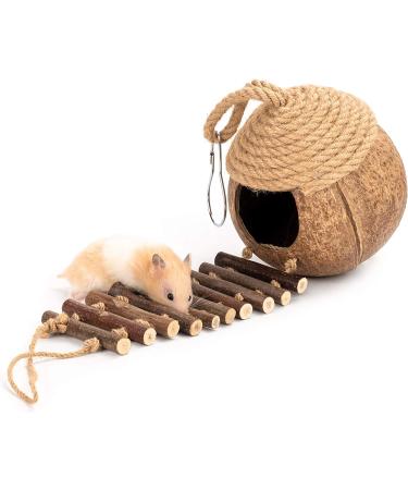 Coconut Bird Nest Hut with Ladder for Parrots, Parakeet, Conures, Cockatiel - Small Animal House Cage Decor - Buy Online on GoSupps.com