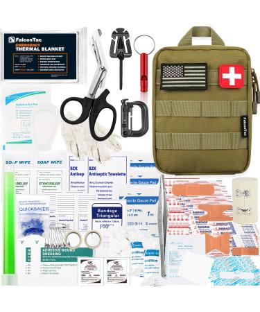FalconTac 200 Pieces First Aid Kit IFAK Survival Kit Molle System Compatible Pouch, Emergency Kit Gift for Men, Dad, Husband, for Outdoor, Camping, Hunting, Hiking, Home, Earthquake, Disasters Tan