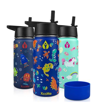 XccMe Kids Water Bottle Stainless Steel Kid Water Bottle 16oz Kids Insulated Water Bottle Kids Metal water bottle Kids Water Bottle for School with Straw Lid Silicone Boot for boy girl Dinosaur