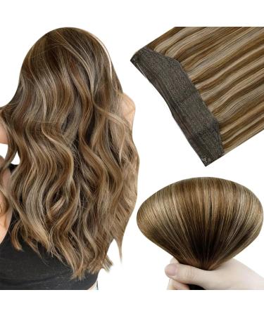 Easyouth Wire Hair Extensions Human Hair Highlight Brown Wire Extensions 20 Inch 100g Secret Hair Extensions Real Hair Brown Mixed Blonde Fish Line Extensions 20 Inch 1-Wire #4P27