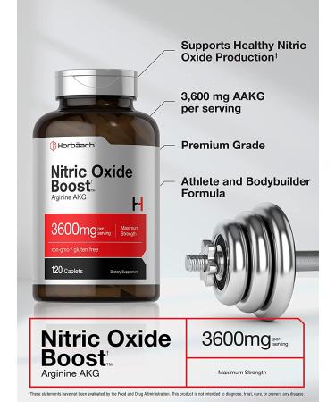 Nitric Oxide Booster 3600mg | 120 Caplets | Arginine AKG for Men and Women | Pre Workout Supplement | Non-GMO & Gluten Free | Horbaach - Buy Online on GoSupps.com