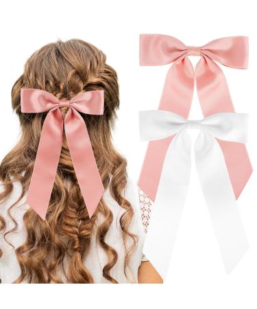 Ouligay 2Pcs Hair Bows for Women Satin Hair Ribbon Bows for Hair Ribbon Clips With Long Tail White Pink Bows Hair Clip Hair Barrettes Ponytail Holder Hair Accessories for Women Girls