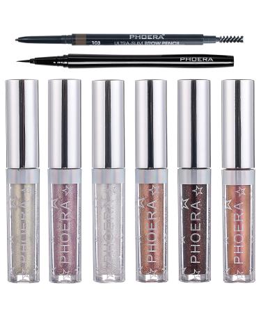 PHOERA Glitter Eyeshadow  PHOERA Eyeliner and Eyebrow Pencil  Makeup For Eyes Liquid Shimmer Sparkle Glow Light Colors Pencil Stick Shiny Long Lasting Waterproof Metals Shining Eye Shadow Sets