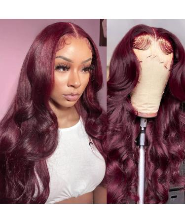 99j Burgundy Lace Front Wigs Human Hair Pre Plucked 13x6 Lace Frontal Human Hair Wigs for Black Women 180% Density Body Wave Glueless Human Hair Wig Pre Plucked Bleached Knots with Baby Hair 26 Inch