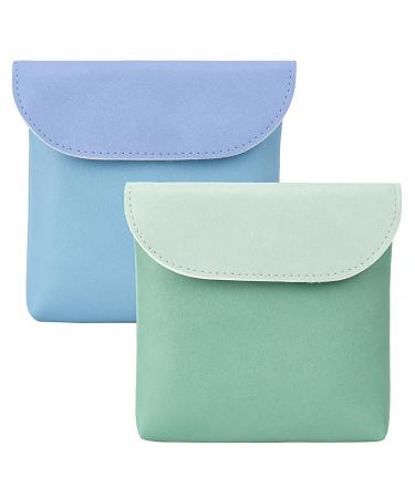 2 Pcs Sanitary Napkin Storage Bag Period Pouch Period Bag PU Button Feminine Menstrual Pad Tampon Organizer Portable Sanitary Pads Pouches First Period Kit for Teen Girls Women Ladies(Green&Blue)