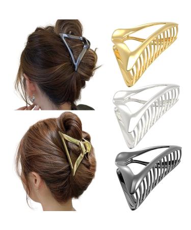 3 Pack Hair Claw Clips for Thick Hair 4in Medium Metal Hair Clips for Women Hair Claw Clips for Thin & Long Hair Triangles Claw Clips Hair Accessories for Styling and Securing Hairstyle 3 Colors
