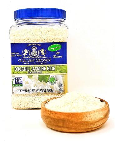 Golden Organic White Jasmine Rice Premium Quality | Non-GMO Gluten-Free 100% Authentic Naturally Fragrant Sweet Flavorful | Extra Long Grain From Thai HOM Mali Halal - 32 Oz (2 LBs) Golden Crown Organic White Jasmine Rice