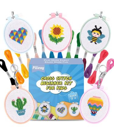 Pllieay 5 PCS Cross Stitch Kits for Beginners for Kids 7-13 Sewing Kit for Kids with Instructions for Backpack Charms Ornaments and Needle Craft Oval-shaped