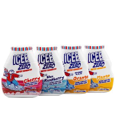 ICEE Zero Calorie Cherry, Blue Raspberry, Orange and Mango Liquid Water Enhancer Drink Mix, Natural Flavor Drops, Sugar Free, 1.62 Fl Oz Concentrate (48 ml) - 4 Ultimate Variety Pack
