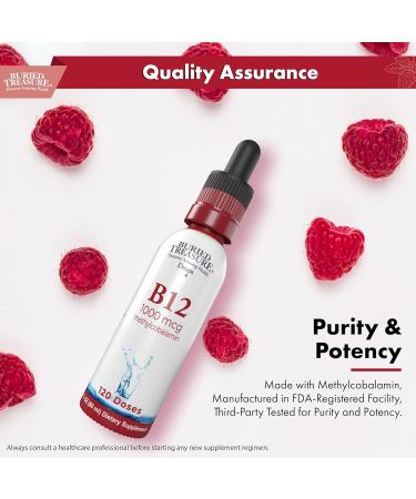 Buried Treasure B12 Drops - 1000mcg Vitamin B12 Methylcobalamin per Serving, 120 Servings - Sublingual B12, Alcohol-Free, Vegan, Raspberry Flavor, 2 oz Bottle, Graduated Dropper Accurate Dosing - Buy Online on GoSupps.com