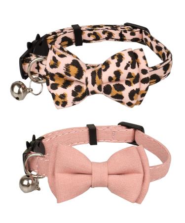 Gyapet Collar for Cats Pets Breakaway with Bell Bowtie Floral Bow Detachable Adjustable Safety Puppy 2pcs Leopard & Pure-Pink