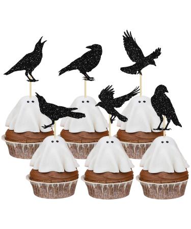 24Pcs Black Crow Cupcake Toppers Glitter Raven Halloween Cupcake Picks for Horror Crow Halloween Theme Birthday Party Cake Decorations Supplies