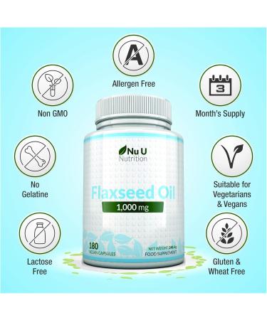 Flaxseed Oil 1000mg Vegan - 180 Cold Pressed Vegan Softgel Capsules - Rich in Omega 3 6 9-3 Month Supply - Made in The UK by Nu U Nutrition - Buy Online on GoSupps.com