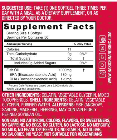 Basic Brands Smart Heart Omega-3 Fish Oil 1000mg - Triple Strength EPA & DHA Non-GMO Heart & Cognitive Support - 50 Burpless Softgels - 2-Pack 50 Count (Pack of 2) - Buy Online on GoSupps.com