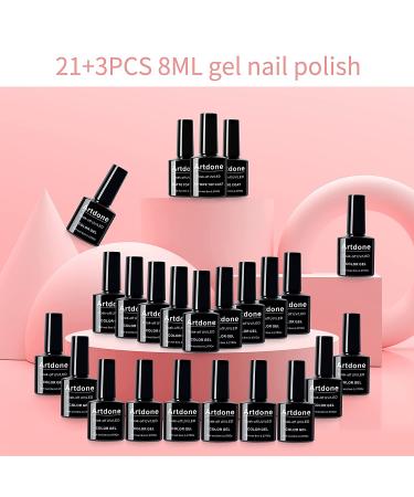 Artdone 24pcs Gel Nail Polish Kit - Glossy & Matte Top Coat, Base Coat, Soak Off Pink Blue Green Yellow Silver Glitter Gel Nail Polish Set for Nail Art - 8ml Each - Buy Online on GoSupps.com