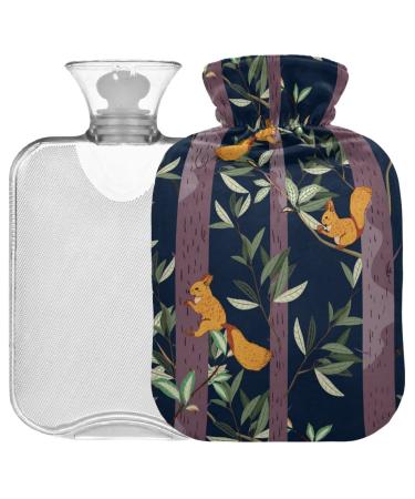 OarenCol Cute hot water bottle with squirrel tree leaves with lid 2 l transparent warm-up bag for pain relief from cramps