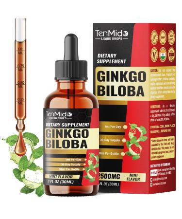 Tenmido Ginkgo Biloba 2500mg - Herbal Extract Liquid Supplement | Alcohol-Free Vegan Non-GMO - 30ml 1 Fl OZ