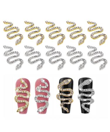MWOOT 10 Pieces 3D Snake Nail Charms Set Snake Wave Jewelry Gems Nail Art Accessories for Acrylic Nails Rhinestones Nail Decorations Kit for Women Girls Manicure Salon (Gold + Silver)