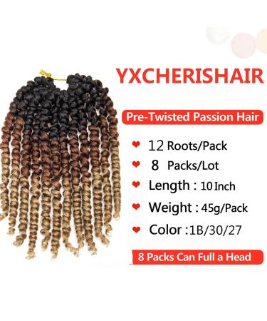 8 Packs Pre-twisted Passion Twist Crochet Hair | Ombre Color | 10 Inch Curly Ends Extensions | 1B/30/27 - Buy Online on GoSupps.com