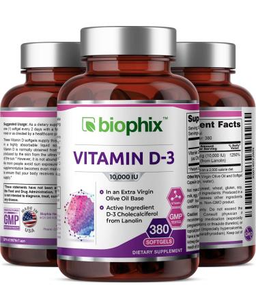 Biophix Vitamin D-3 10000 IU 380 Softgels with K2 - High-Potency in Extra Virgin Olive Oil, Non-GMO, Soy-Free for Strong Bones & Immune Health - 380 Count - Buy Online on GoSupps.com