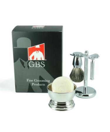 G.B.S Shaving Set 42C Short Handle Knurled Safety Razor includes Shave Bowl Shaving Soap Pure Badger Brush Stand