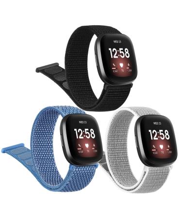 3 Pack Nylon Bands for Fitbit Sense Bands Fitbit Versa 3 Bands Women Men, Soft Breathable Adjustable Replacement Strap Wristbands for Fitbit Sense / Fitbit Versa 3 (Black/Cape Code Blue/Seashell)