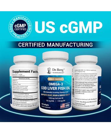 Dr. Berg Omega 3 Cod Liver Fish Oil 1250 mg from Wild Caught Cod for Women & Men EPA DHA atty Acid Supplement 60 Softgels - Buy Online on GoSupps.com