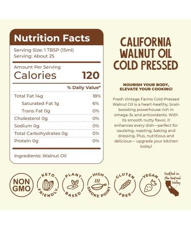 Fresh Vintage Farms Walnut Oil - Cold Pressed California Grown | Ideal for Cooking, Baking, Grilling, Dipping & Salads - Buy Online on GoSupps.com