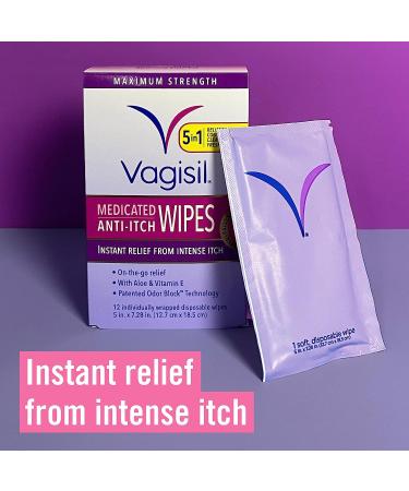 Vagisil Anti-Itch Medicated Feminine Intimate Wipes - Maximum Strength, Gynecologist Tested - 12 Wipes with Aloe Vera - Buy Online on GoSupps.com
