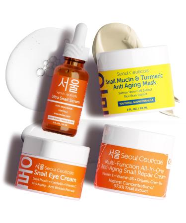 Korean Skin Care Set - Snail Mucin Glow Kit Contains Snail Hyaluronic Acid Serum + Snail Turmeric Mask + Snail Eye Cream + Snail Face Cream Moisturizer