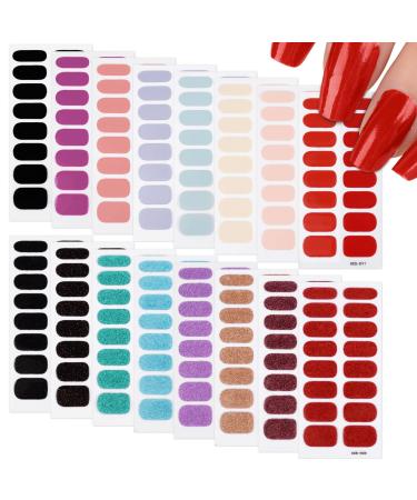 16 Sheets Nail Stickers Full Nail Wraps Self Sdhesive Glitter Solid Colour Nail Polish Stickers with Nail Files for Women Nail Art