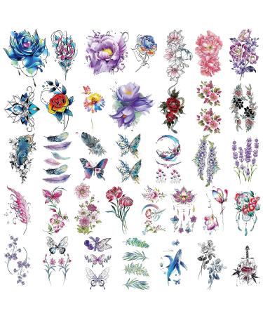 Floral Temporary Tattoos for Women and Kids Waterproof Fake Tattoos for Adults Butterfly, Lion, Deer Designs Realistic Body Art Stickers (50 Sheets) - Buy Online on GoSupps.com