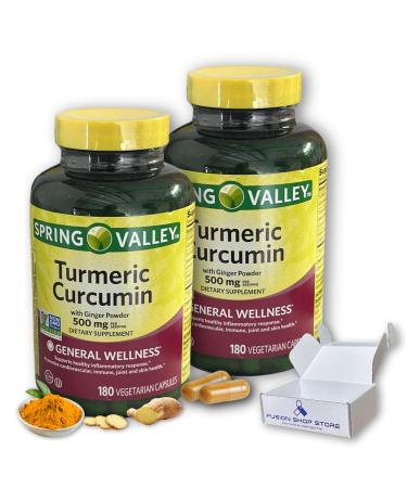 Turmeric Curcumin with Ginger Powder- 500mg Vegetarian Capsules 180ct (Pack of 2) Boxed by Fusion Shop Store
