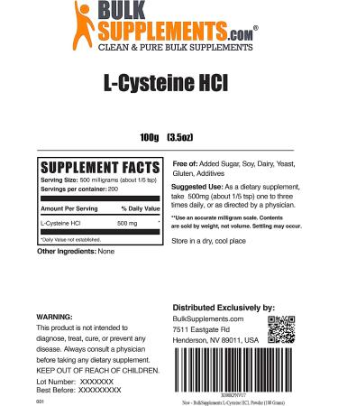 BulkSupplements L-Cysteine HCl Powder - Lung Support (100g/3.5oz) Pack of 1 - Buy Online on GoSupps.com