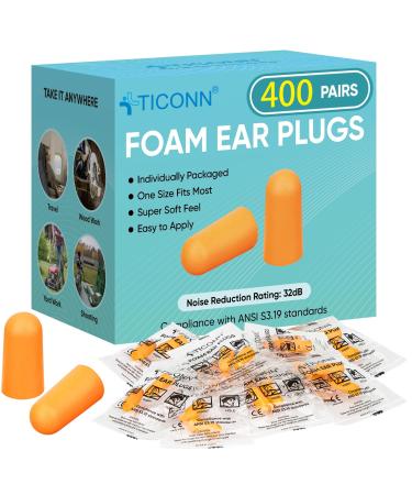 TICONN 400 Pairs Ear Plugs 32dB Noise Reduction Earplugs for Sleeping Hearing Protection Travel Study Concentration Construction Site (400 Pairs)