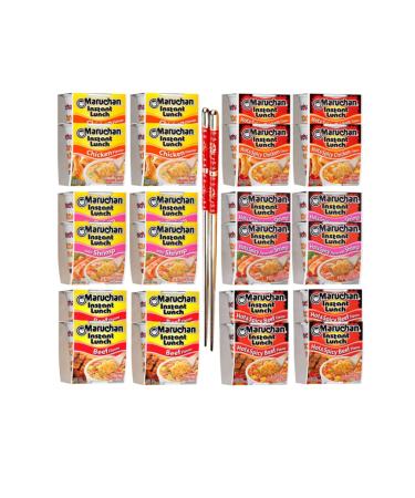 Ja Cor Instant Lunch Ramen Noodles Variety Pack- 6 Flavors: Chicken Beef Shrimp Hot and Spicy Chicken Beef Shrimp Cup Noodle Soup Bundle with 1-Set of Reusable Chopsticks(4 Each Flavor 24 Packs)