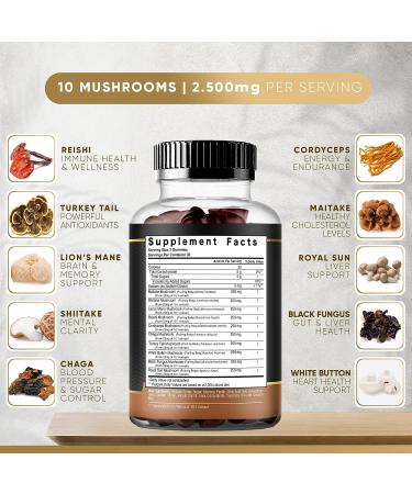 Mushroom Gummies 10 Supplement Blend 2500mg | Turkey Tail Chaga Reishi Cordyceps Lions Mane Extracts | Nootropic Brain Booster for Focus Memory Clarity Energy | 60ct - Buy Online on GoSupps.com