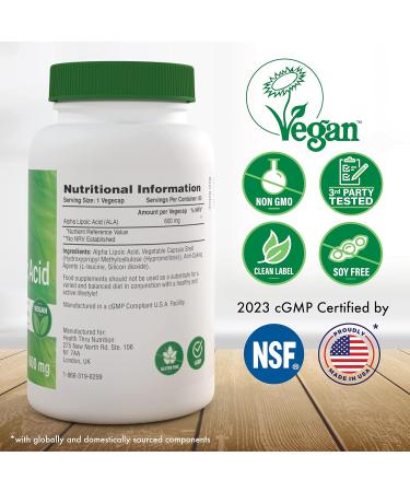 Alpha Lipoic Acid (ALA) 600mg Vegecaps | Vegan Certified | Non GMO and Hypoallergenic | Universal Antioxidant | Supports Healthy Glucose Metabolism | by Health Thru Nutrition (Pack of 60) 60 count (Pack of 1) - Buy Online on GoSupps.com