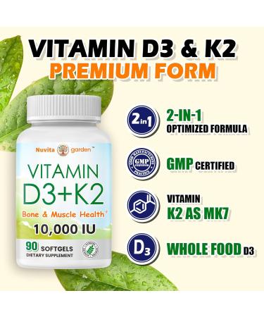 NoMiLu 2-in-1 Vitamin D3 K2 Supplement Softgel Vitamin D3 10000 IU and Vitamin K2 200 mcg K2 MK7 with D3 Vitamin Supplement Support Immune Heart Joint Teeth & Bone Health - Buy Online on GoSupps.com