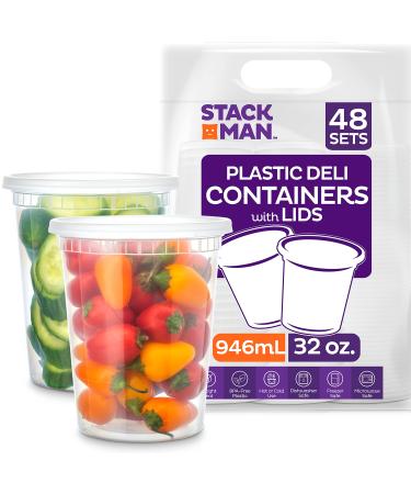 Stack Man 48 Pack, 32 oz Plastic Deli Food Storage Soup Containers With Airtight Lids, Freezer Safe | Meal Prep | Stackable | Leakproof | BPA Free, Clear 32 oz.