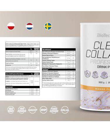 BioTechUSA Clear Collagen Professional Flavored drink powder 20275 mg Collagen Type I & II Hyaluronic acid Vitamins & Minerals Sugar Free Glutenfree 350g Mango - Buy Online on GoSupps.com